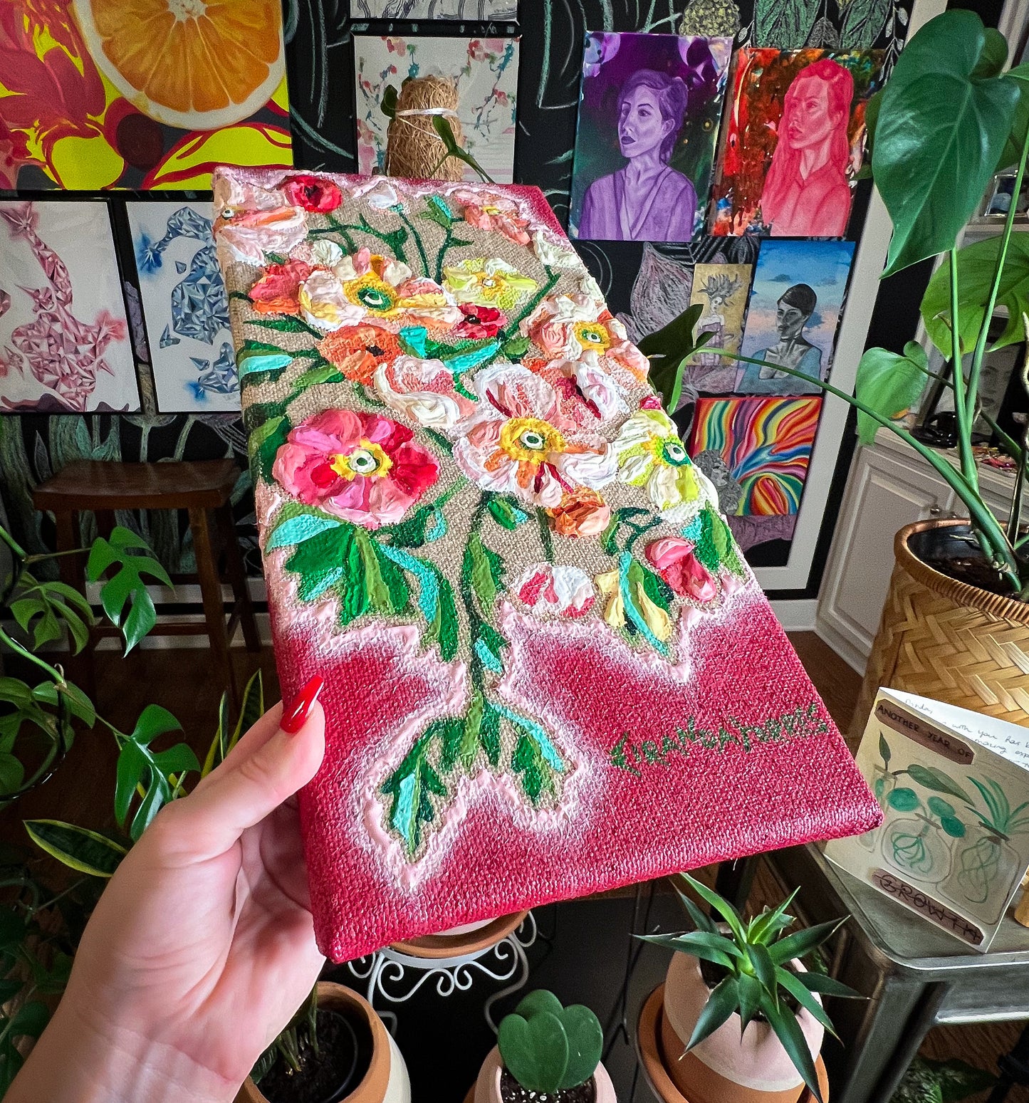 Peinture acrylique florale et pâte de moulage en 3 dimensions et texturée, « Watch Me Bloom »