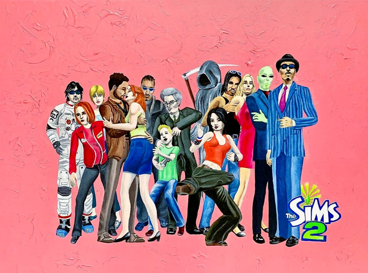 Peinture acrylique amusante et nostalgique, « Les Sims 2 »