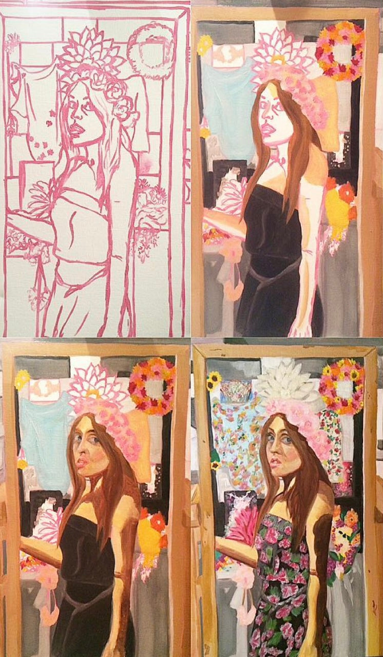Peinture d'autoportrait en miroir, partiellement aveugle, « Floral Chica »