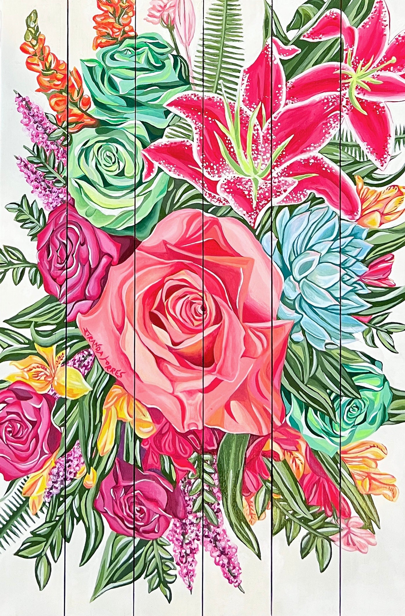 Toile de panneau de bois, peinture acrylique florale, « FLEURS en BLOOM »