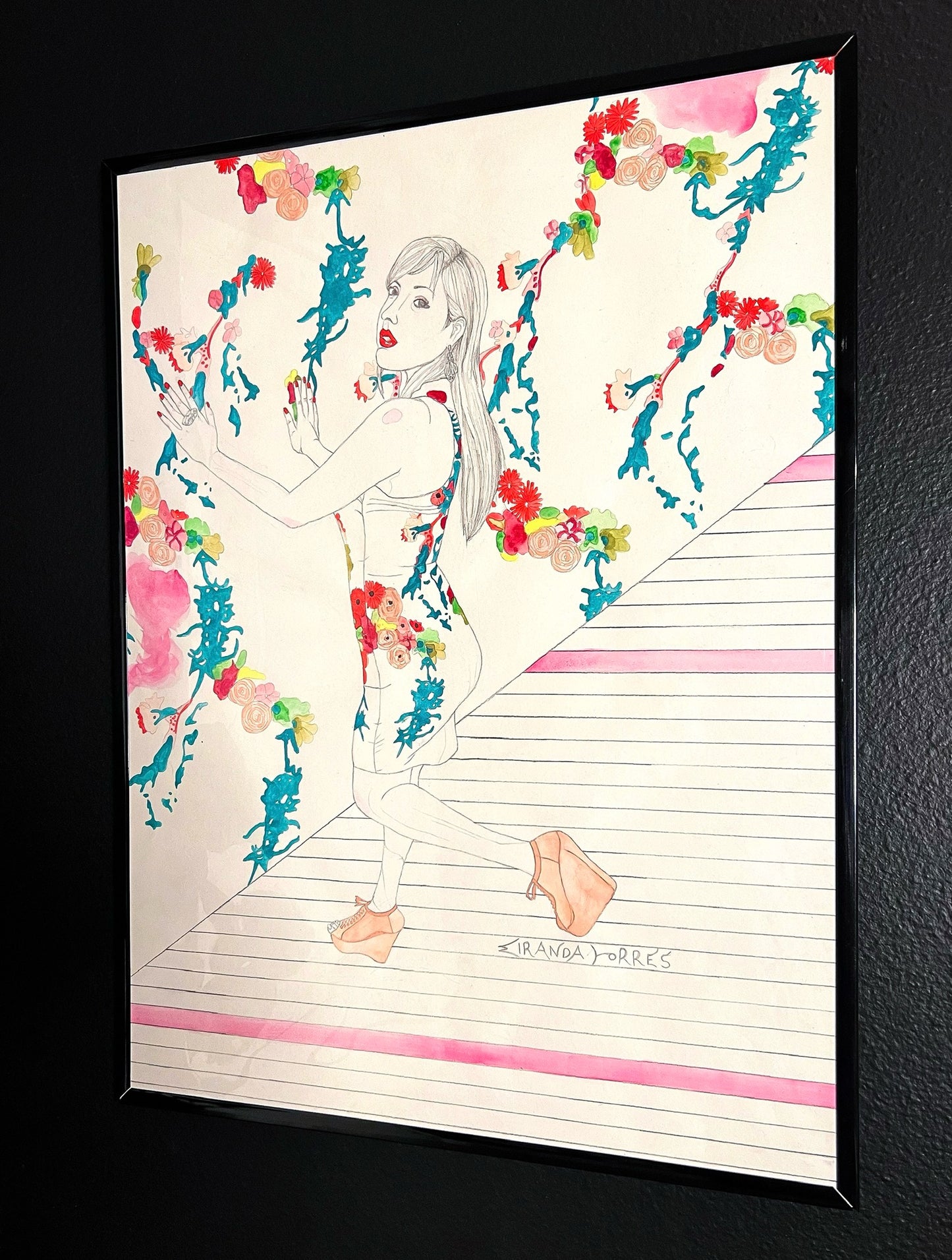 Fashion-Inspired, Watercolor Accented Self-Figure Drawing, “Miranda In Fashion #2”