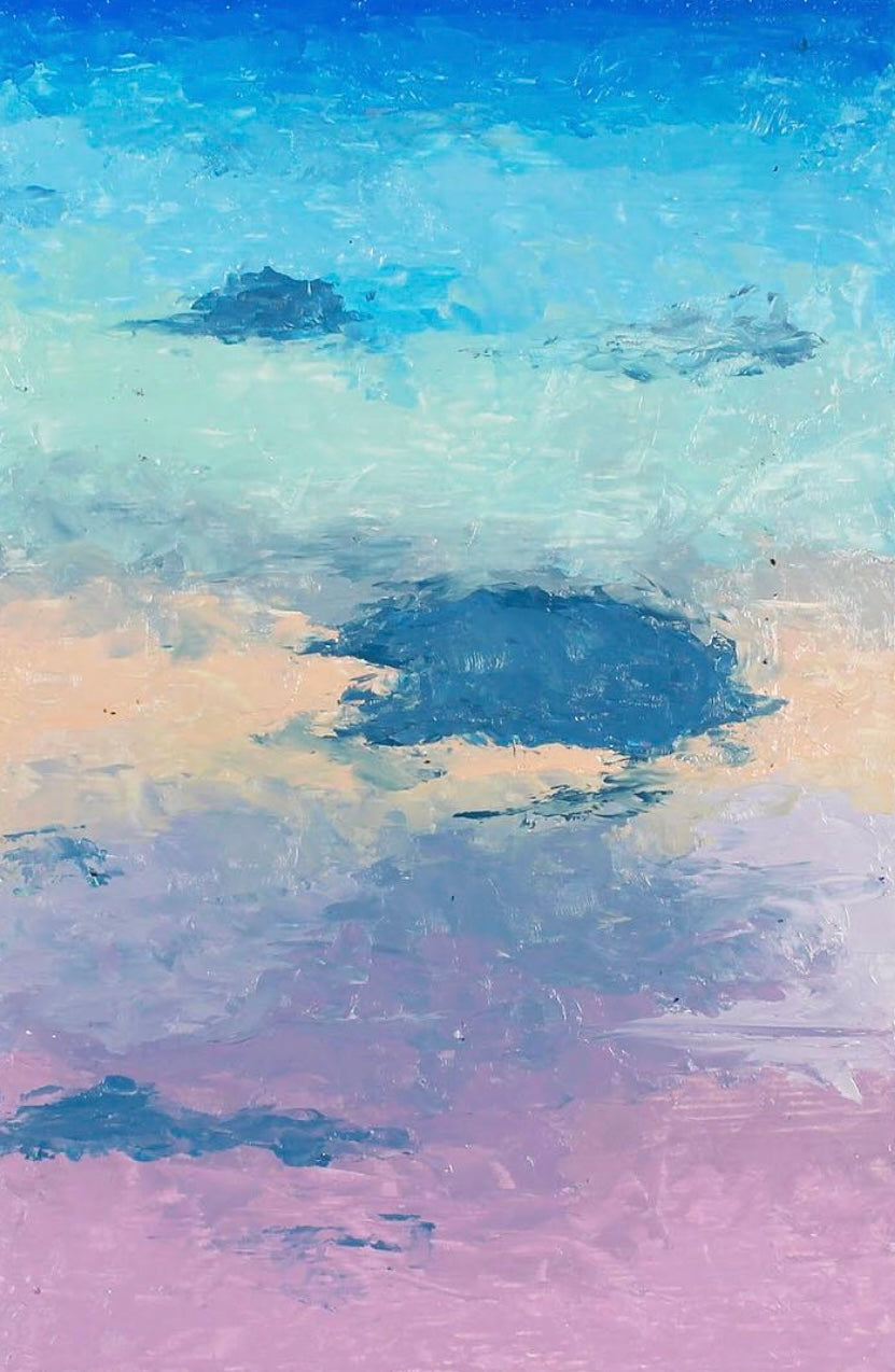 Portrait détaillé au fusain et pièce de médias mixtes Oil Sky, « Blue Skies »