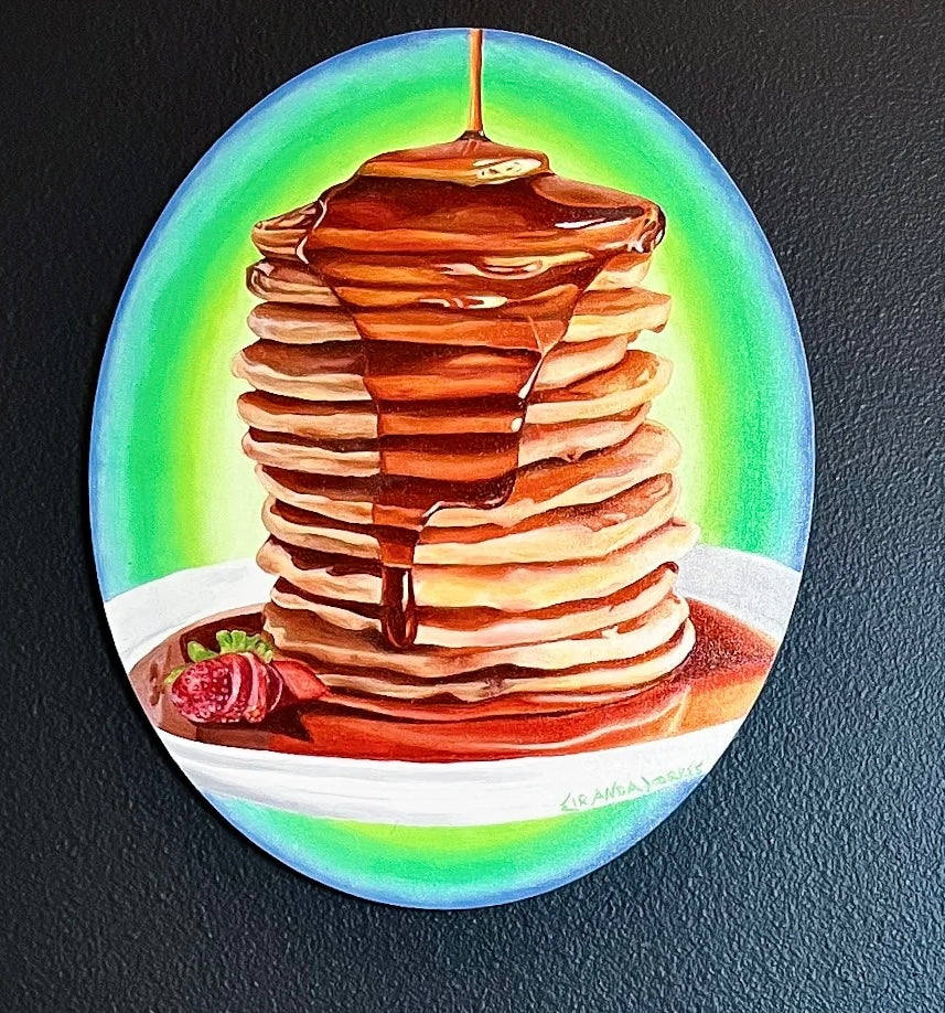 Une peinture à l'huile réaliste de forme ovale, "Pancake Heaven"