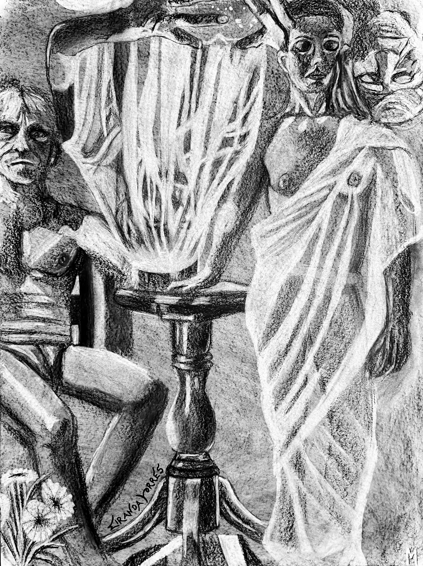 Eerie, Altered Multi-Figure Charcoal Drawing, “Together”