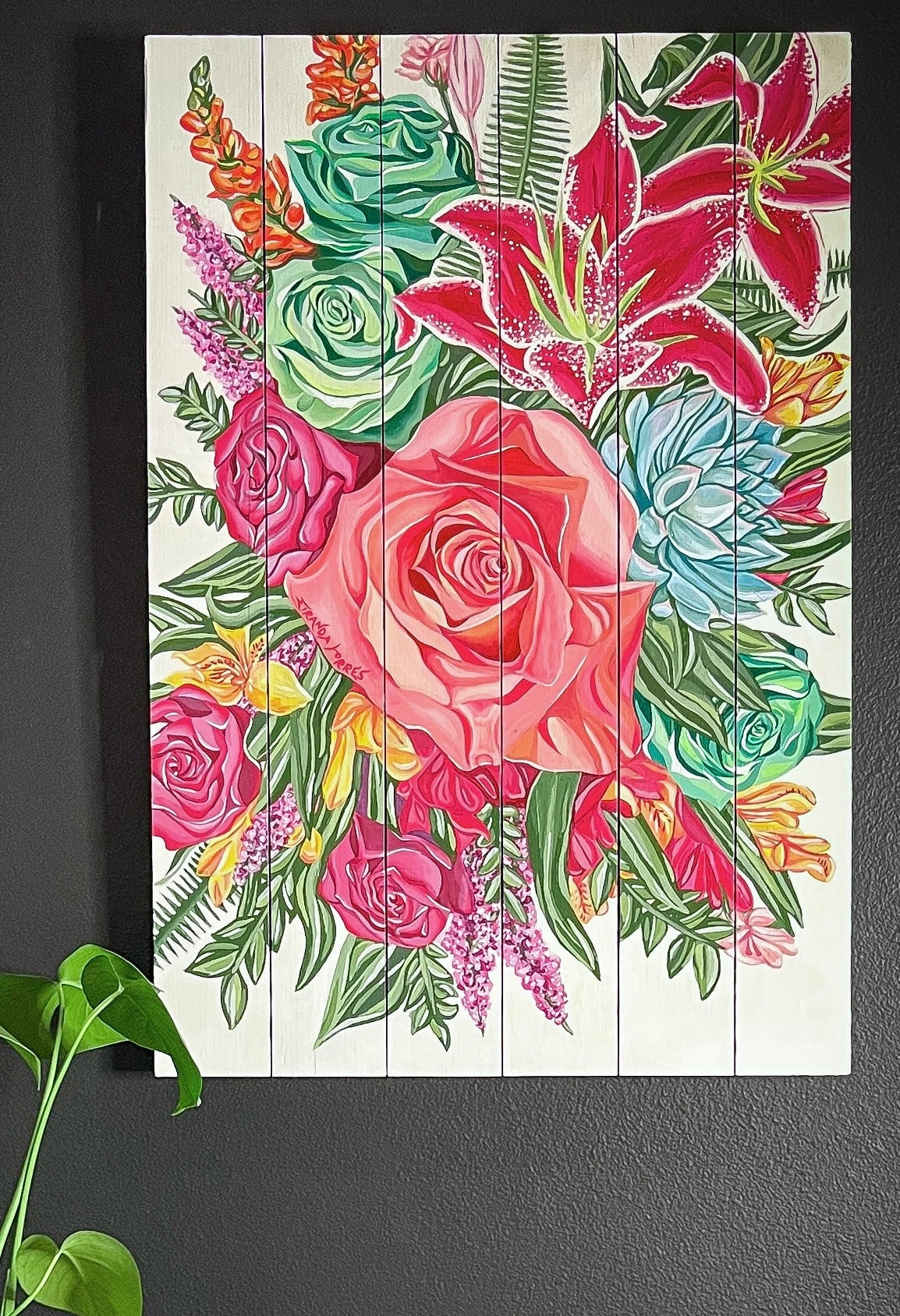 Toile de panneau de bois, peinture acrylique florale, « FLEURS en BLOOM »