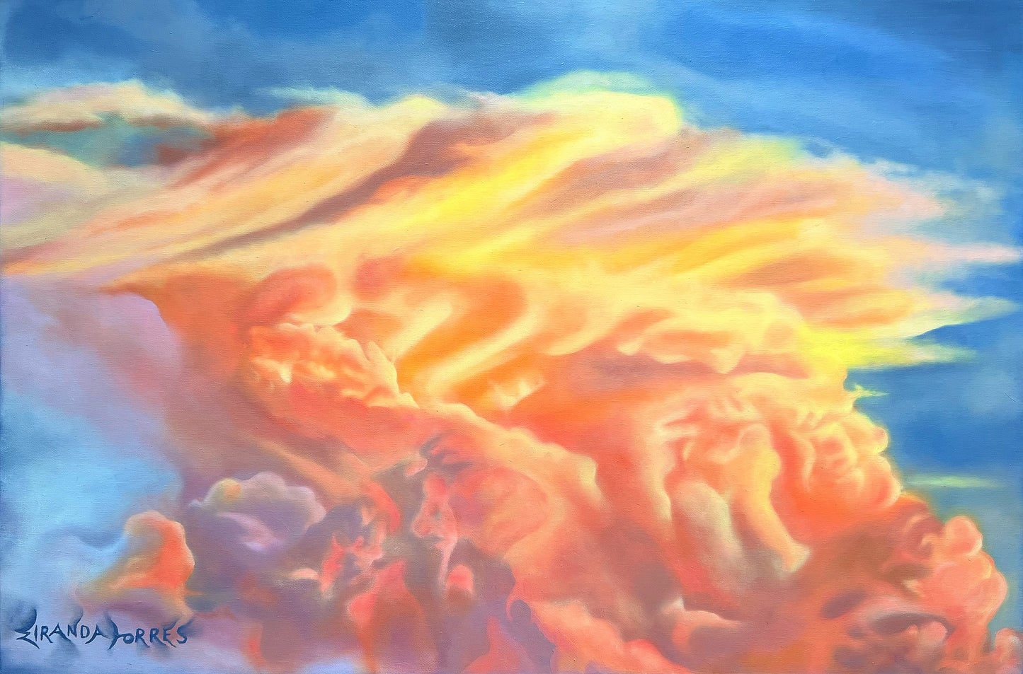 Une peinture à l'huile réaliste sur le ciel, "Bienvenue à la maison"