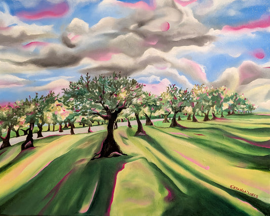 Seemingly Peaceful Landscape Oil Painting, "Olive Branches Only Scratch & Hurt"