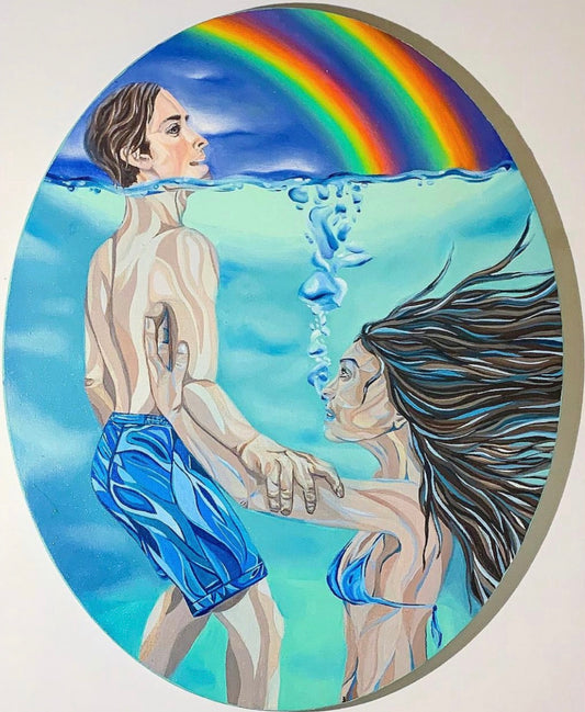 Pintura realista al óleo y acrílico inspirada en el arte pop sobre lienzo ovalado, "Lecciones de ahogamiento"