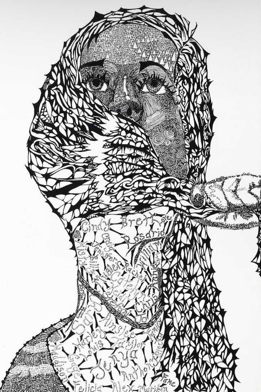 Black Ink, Intricate Pen Drawing, "Miranda (First Portrait)"