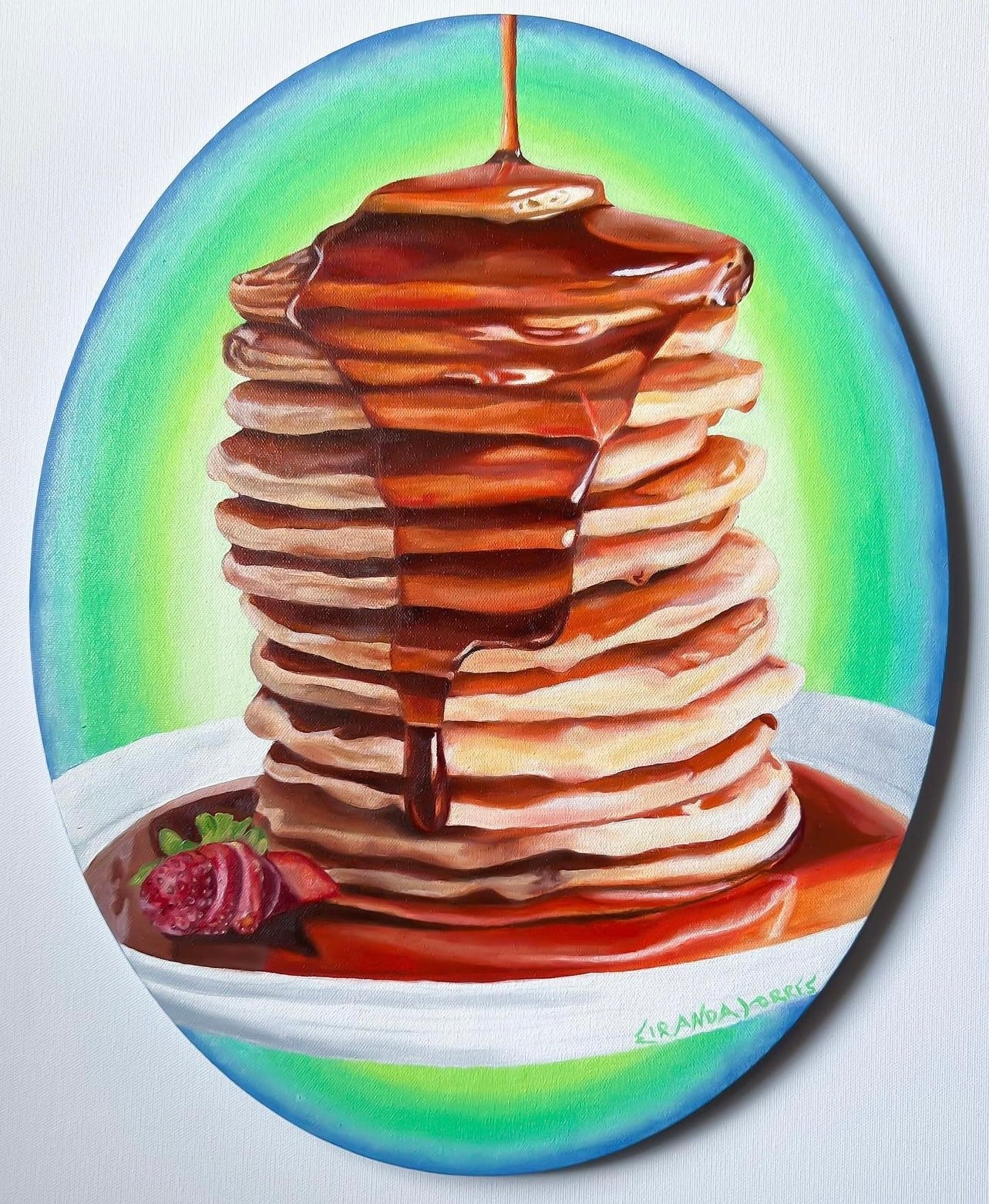 Une peinture à l'huile réaliste de forme ovale, "Pancake Heaven"