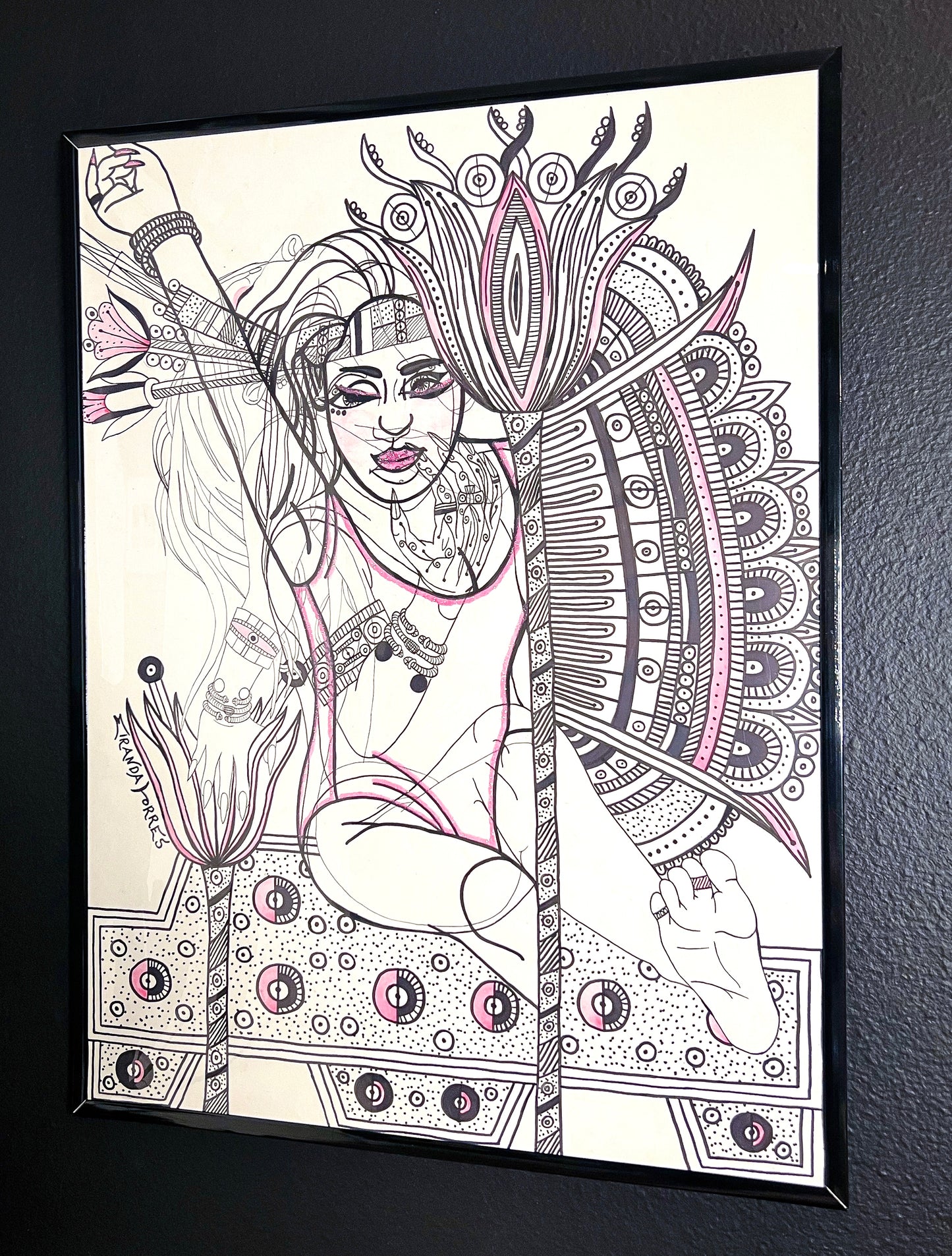 Aztec Cultural, Layered Figures Done In Watercolors, Pens and Glitter Drawings, "Aztec Goddess In Action #1"