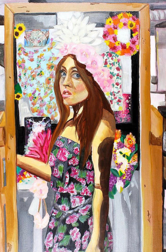 Pintura de autorretrato reflejada y parcialmente ciega, “Floral Chica”