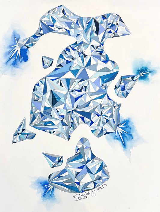 Geometric, Abstracted Shapes Watercolor Painting, "Blue Diamond"