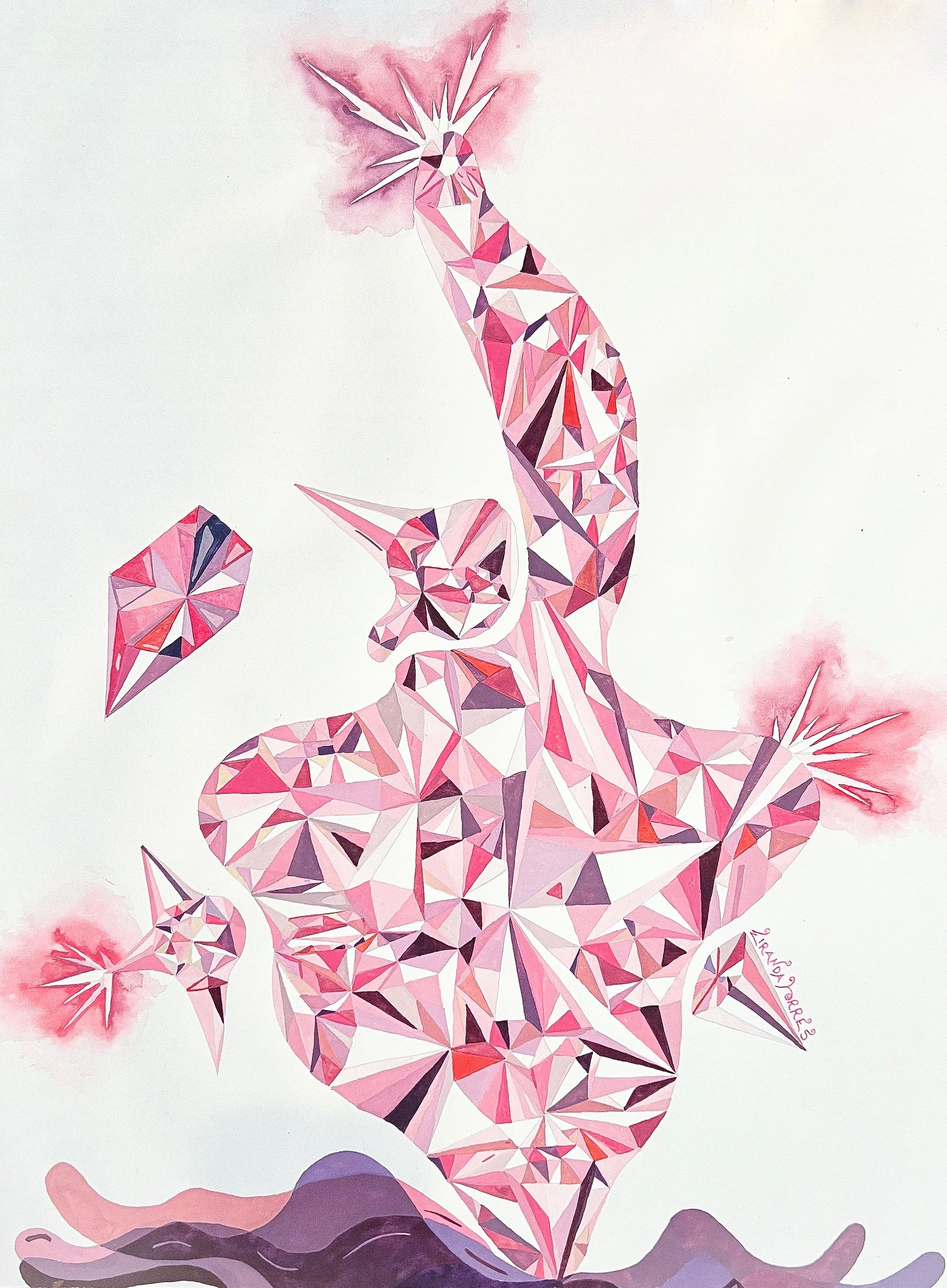 Pintura de acuarela de formas geométricas y abstractas, "Diamante rosa"