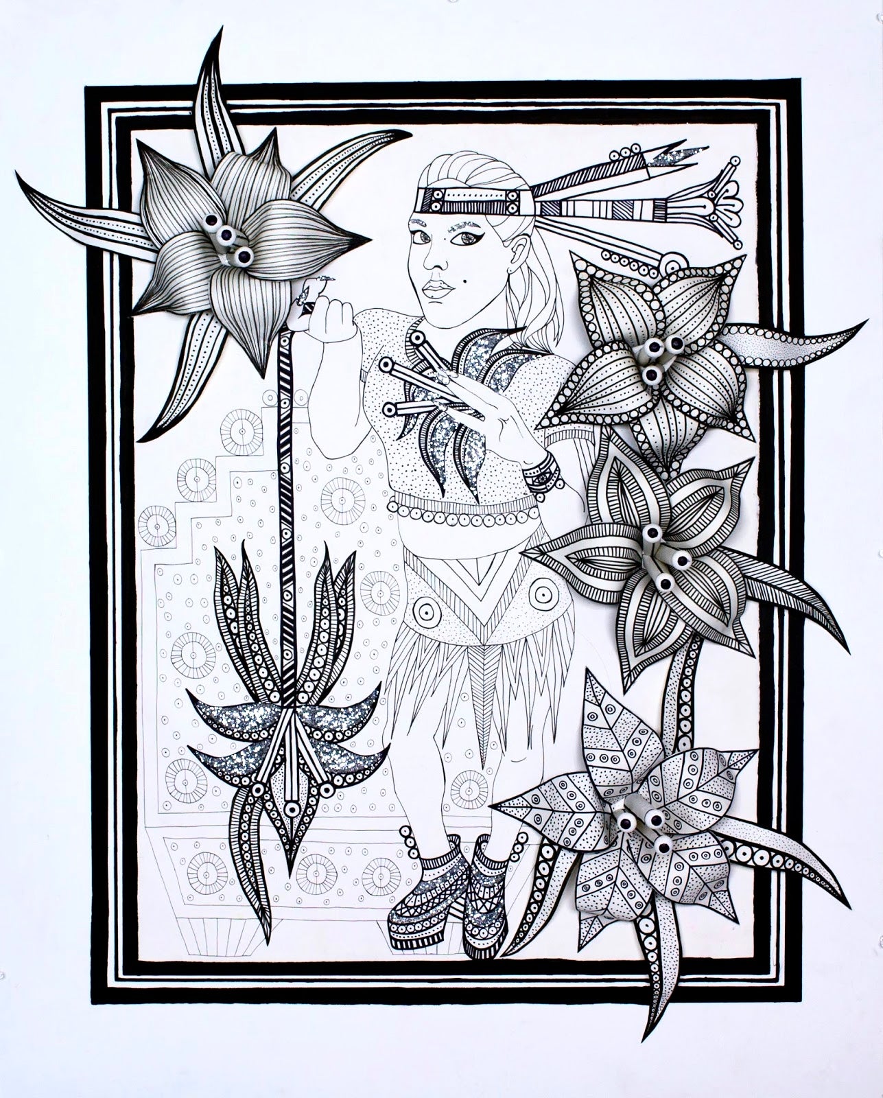 Aztec Cultural, Paper Crafted and Pen and Glitter Self-Figure Drawing, "Aztec Goddess In Action #2"