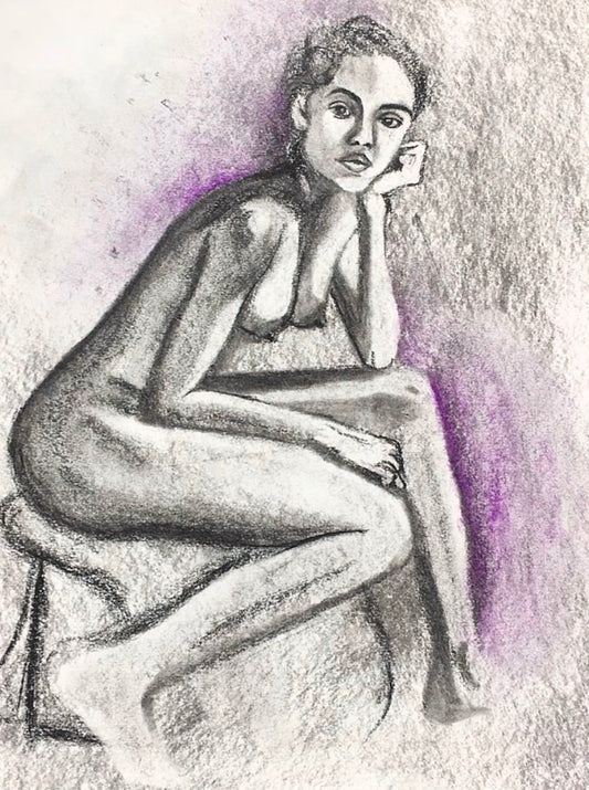 Multi-Colored Charcoal Drawing In Mat Board Frame, "Purple"