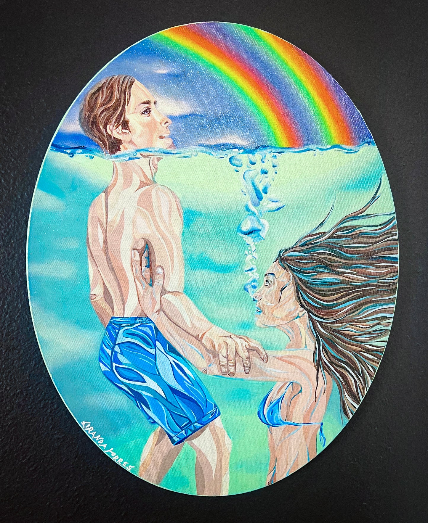 Pop Art Inspired, Realistic Oil and Acrylic Painting on Oval Canvas, "Drowning Lessons"