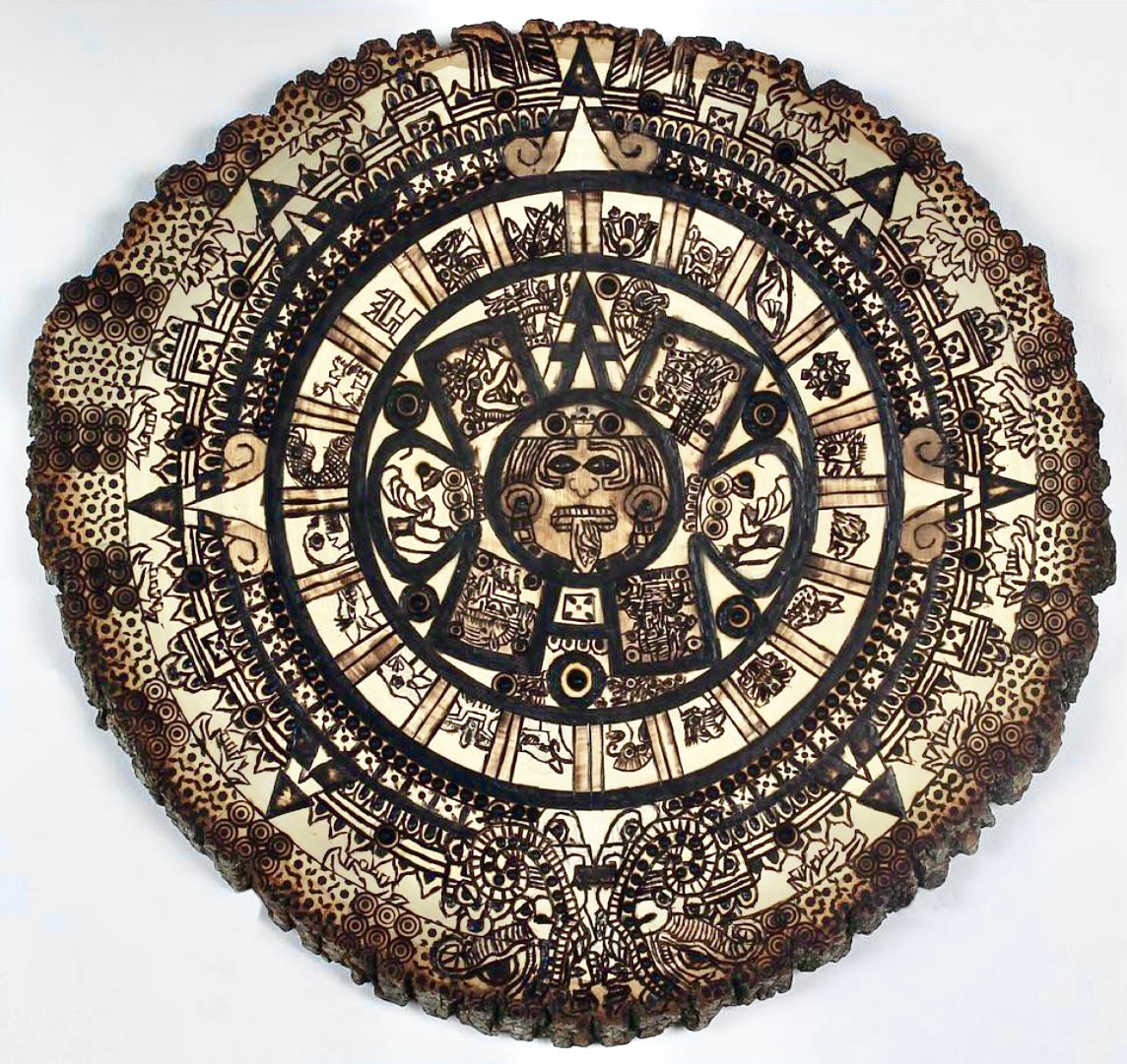 Burned and Engraved Wood Piece, “Tōnalpōhualli”