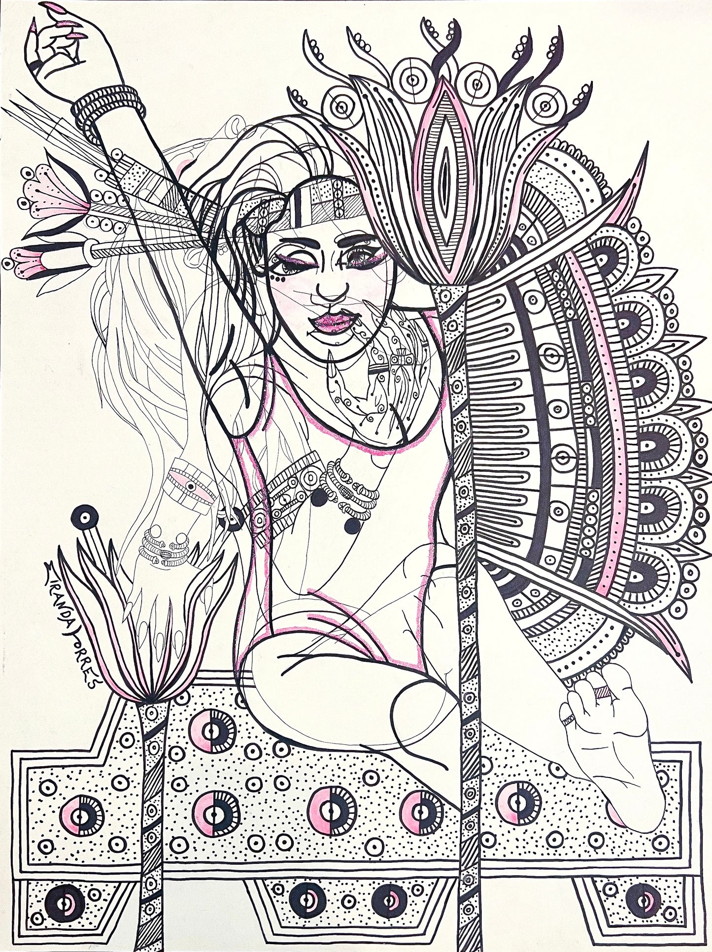 Aztec Cultural, Layered Figures Done In Watercolors, Pens and Glitter Drawings, "Aztec Goddess In Action #1"