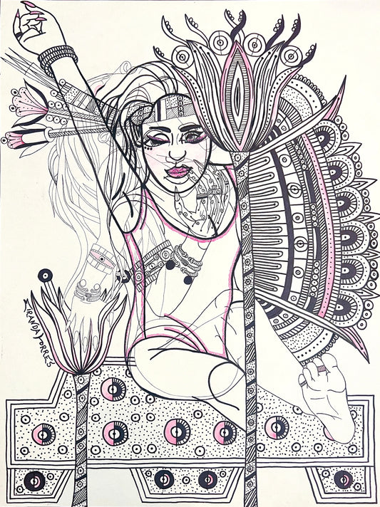 Aztec Cultural, Layered Figures Done In Watercolors, Pens and Glitter Drawings, "Aztec Goddess In Action #1"