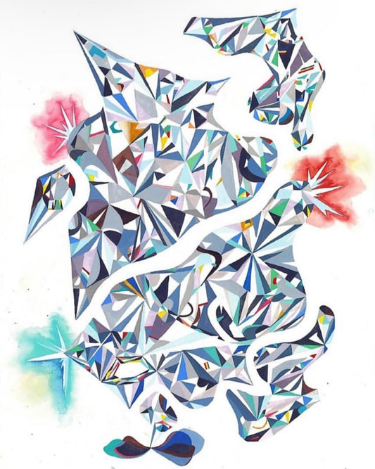 Geometric, Abstracted Shapes Watercolor Painting, "Multi-Colored Diamond"