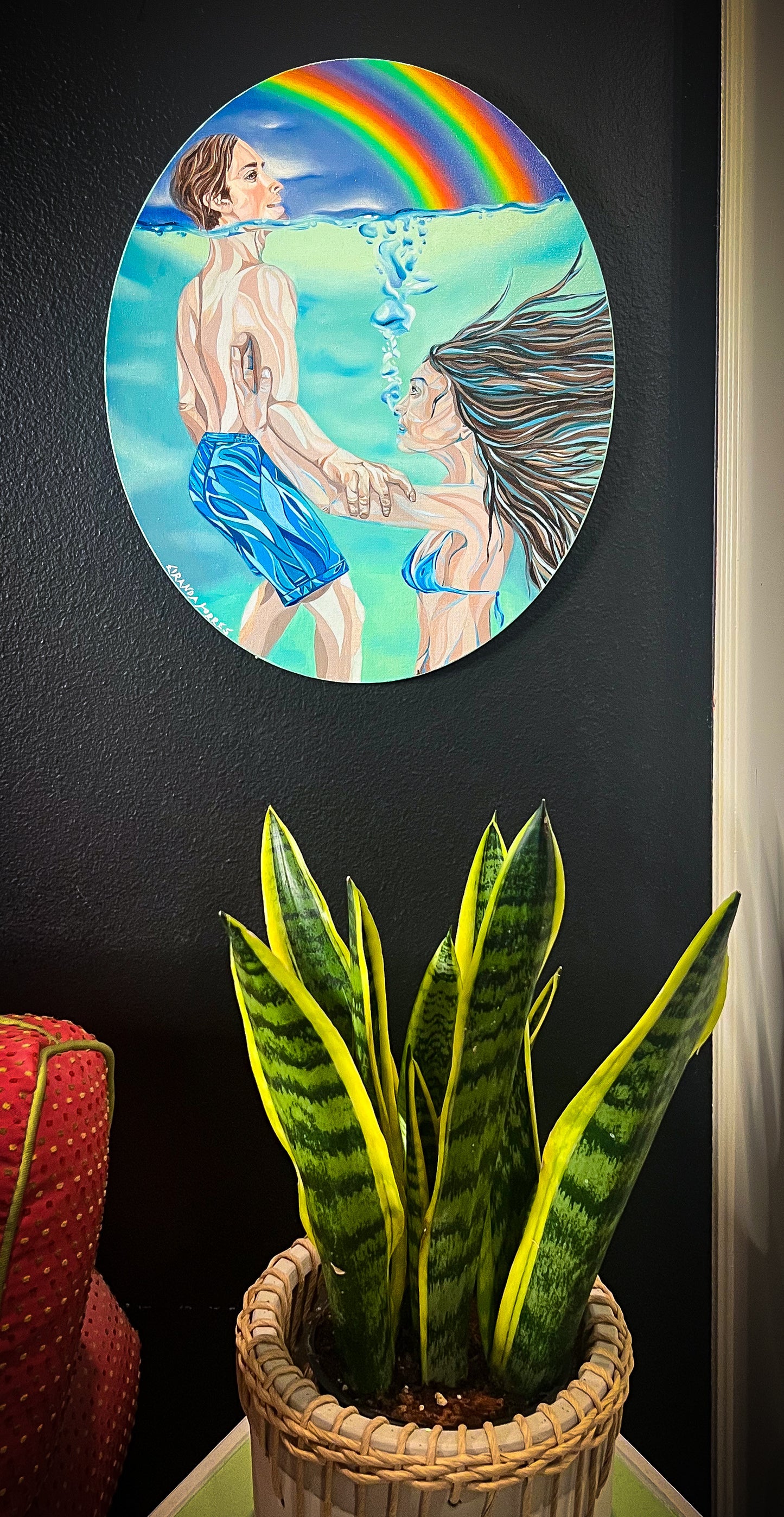 Pop Art Inspired, Realistic Oil and Acrylic Painting on Oval Canvas, "Drowning Lessons"