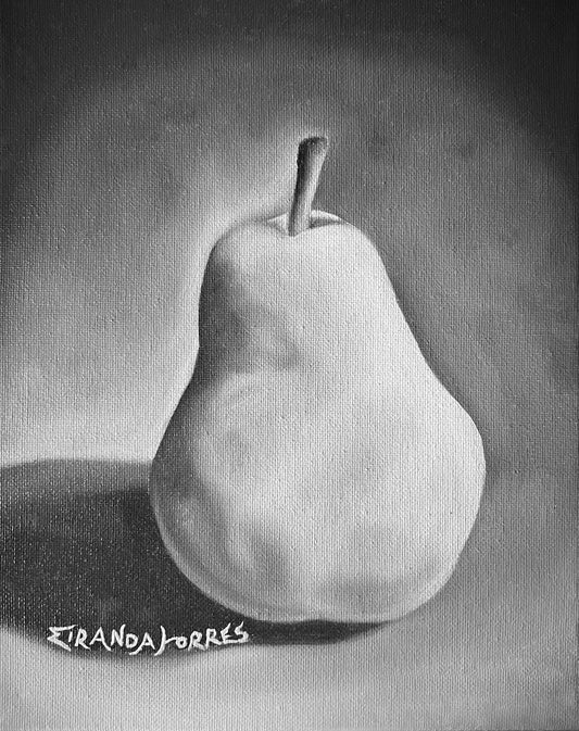 Etude De Fruits Noir Et Blanc, Peinture à L'Huile, "Poire Valorisée"