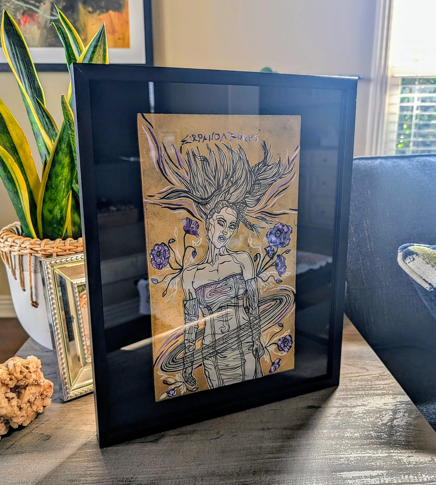 Multi-Media, Galaxy Queen Inspired Pen and Ink Drawing on Acrylic and Gold-flaked board, "Stellar Poppy Poser"