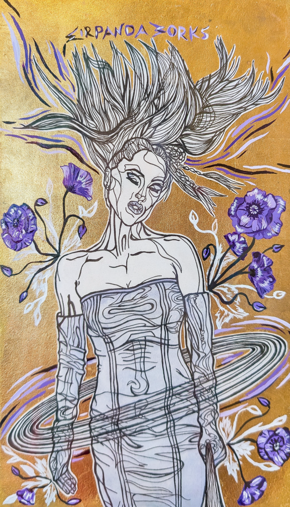Multi-Media, Galaxy Queen Inspired Pen and Ink Drawing on Acrylic and Gold-flaked board, "Stellar Poppy Poser"