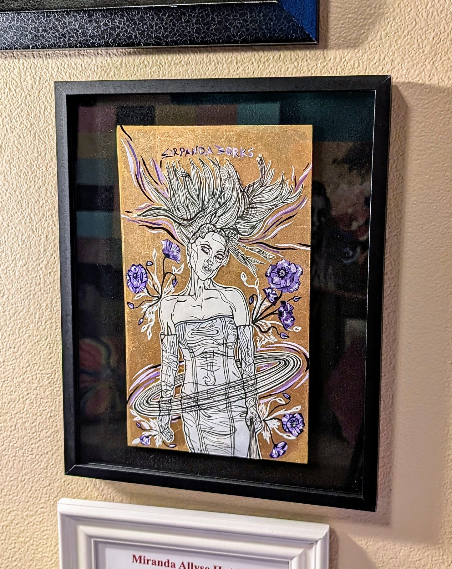Multi-Media, Galaxy Queen Inspired Pen and Ink Drawing on Acrylic and Gold-flaked board, "Stellar Poppy Poser"