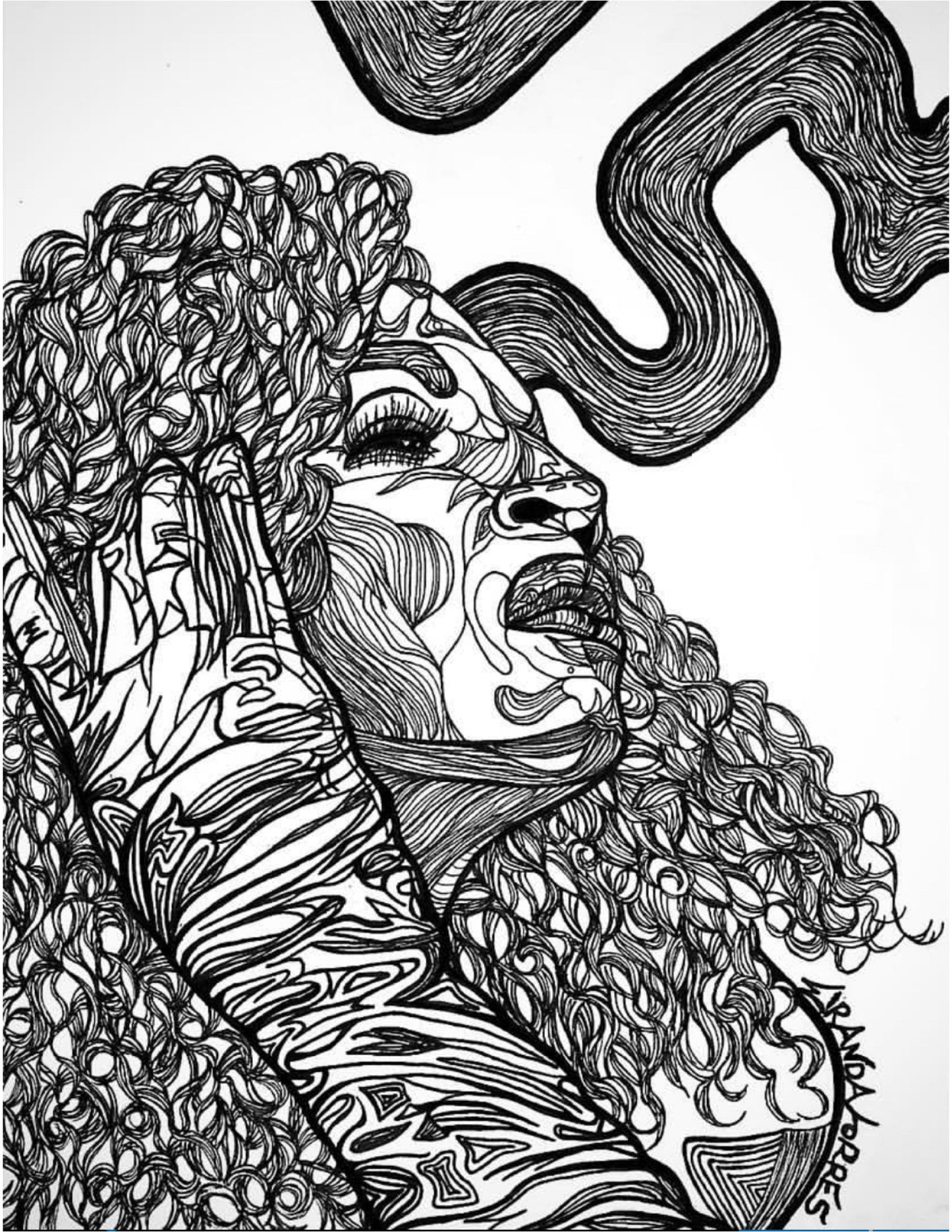 Black Ink, Intricate Pen Drawing, "MARCELA"