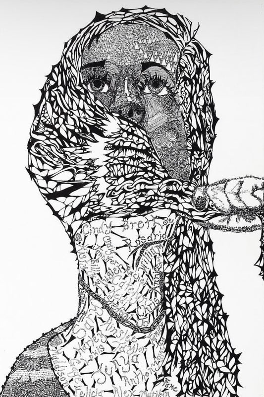 Black Ink, Intricate Pen Drawing, "Miranda (First Portrait)"